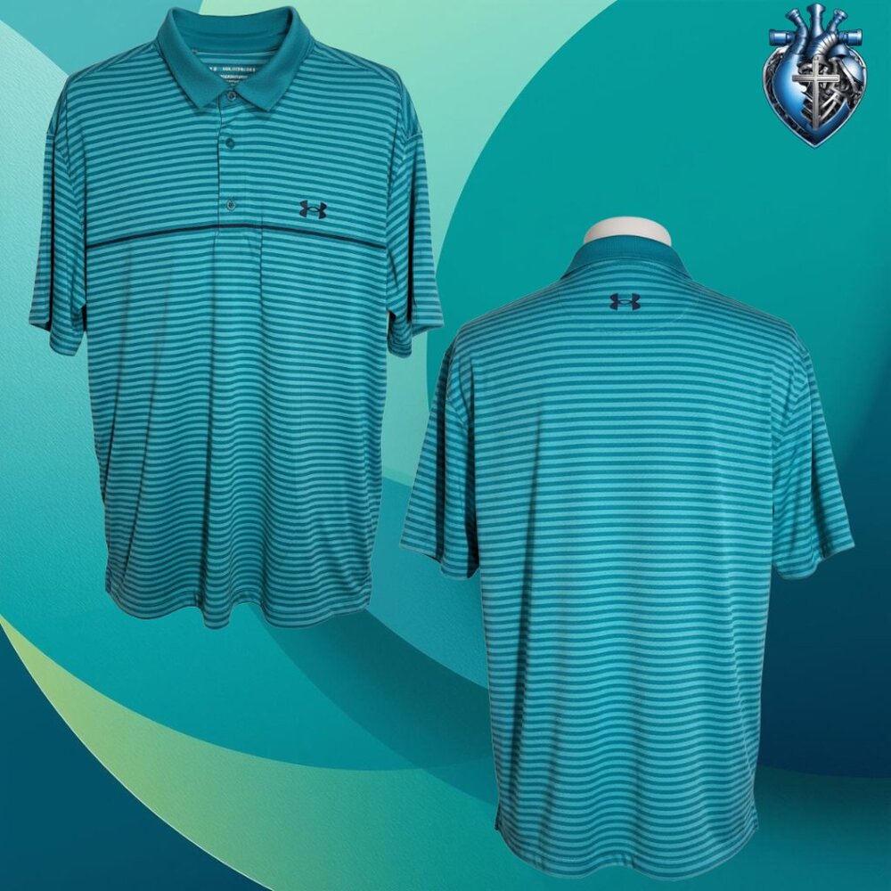 Under Armour Playoff Polo 2.0 XXL Teal Stripe Golf Performance Shirt 1327037